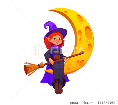 Halloween cartoon witch character sitting on moon Halloween cartoon witch character sitting on moon 143824568