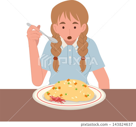 Woman Eating Fried Rice with Spoon at Dining Table Cute Cartoon Food Illustration Woman Eating Fried Rice with Spoon at Dining Table Cute Cartoon Food Illustration 143824637