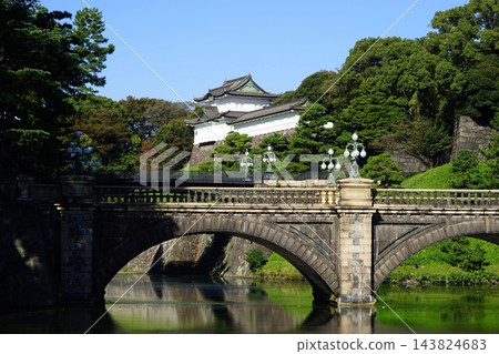 皇宮正門石橋、二重橋和護城河在藍天的襯托下格外醒目。十月。皇宮正門和二重橋 皇宮正門石橋、二重橋和護城河在藍天的襯托下格外醒目。十月。皇宮正門和二重橋 143824683