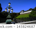 A view of the Fushimi Tower and streetlights against the blue sky, seen from the main gate bridge. October, Imperial Palace 90 Fushimi Tower and Main Gate Bridge 143824687