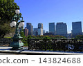 A view of the Marunouchi buildings and the railway bridge at the main gate of the Imperial Palace, against a clear blue sky. October. Imperial Palace 91 Marunouchi buildings and the railway bridge at the main gate. 143824688