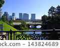 The Nijubashi Bridge and the Marunouchi buildings, shining brightly against the blue sky, as seen from the Imperial Palace's main gate railway bridge. October Imperial Palace 92 Marunouchi buildings and main gate railway bridge 143824689