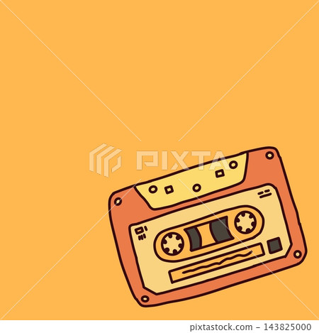 Retro vintage audio cassette tape hand drawn cartoon illustration on orange background 143825000