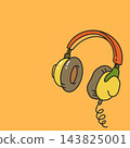 Retro vintage audio headphones with coiled wire hand drawn cartoon illustration on orange background 143825001