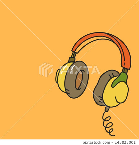 Retro vintage audio headphones with coiled wire hand drawn cartoon illustration on orange background 143825001