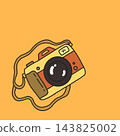 Retro vintage photo camera with neck strap hand drawn cartoon illustration on orange background 143825002