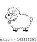 A cute, sideways illustration of a sheep (black and white) that can be used for New Year's cards for the Year of the Sheep. 143825291