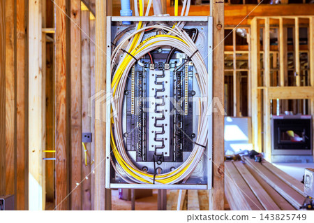 An electrical panel with bundled wires sits between exposed wood studs at building site under construction. An electrical panel with bundled wires sits between exposed wood studs at building site under construction. 143825749