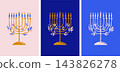 Happy Hanukkah hand drawn banner and greeting card templates set with gold Hannukah menorah and 143826278