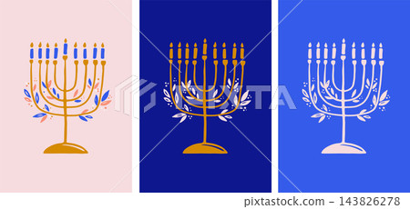 Happy Hanukkah hand drawn banner and greeting card templates set with gold Hannukah menorah and Happy Hanukkah hand drawn banner and greeting card templates set with gold Hannukah menorah and 143826278