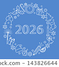 New year 2026 celebration with festive icons and elements in circular design on blue background 143826644