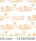 Seamless Christmas pattern with Santa, reindeer, sleigh, and 2026 text in a linear style 143826646