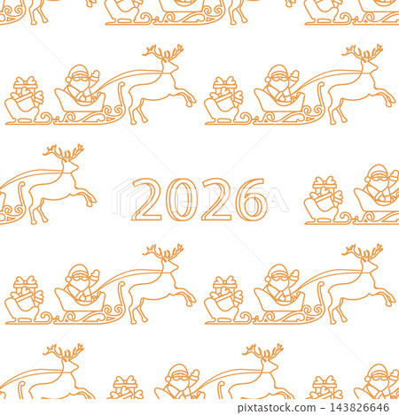 Seamless Christmas pattern with Santa, reindeer, sleigh, and 2026 text in a linear style 143826646