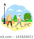 Senior couple walking dog in park with shopping bags, concept of healthy lifestyle background 143826651
