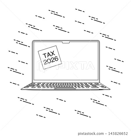Laptop displaying tax 2026 concept with digital elements, isolated on white background 143826652