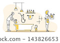Robot and woman cleaning bathroom together in a modern home environment illustration 143826653