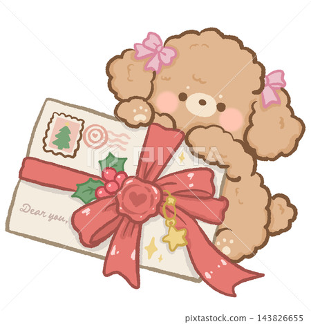 Adorable Fluffy Apricot Toy Poodle Puppy with Pink Bows Holding a Vintage Christmas Envelope Wrapped with a Large Red Ribbon and Heart Wax Seal Cute Romantic Holiday Mail Illustration Adorable Fluffy Apricot Toy Poodle Puppy with Pink Bows Holding a Vintage Christmas Envelope Wrapped with a Large Red Ribbon and Heart Wax Seal Cute Romantic Holiday Mail Illustration 143826655