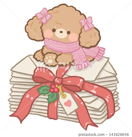 Cute Kawaii Apricot Toy Poodle Puppy Wearing a Pink Knitted Scarf Sitting on a Stack of Vintage Love Letters Tied with a Red Satin Bow and Holly Decoration Christmas Postal Illustration Cute Kawaii Apricot Toy Poodle Puppy Wearing a Pink Knitted Scarf Sitting on a Stack of Vintage Love Letters Tied with a Red Satin Bow and Holly Decoration Christmas Postal Illustration 143826656