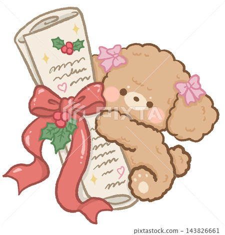 Adorable Apricot Toy Poodle Puppy Peeking Behind a Vintage Brass Letter Tray Filled with Pink Christmas Envelopes Red Ribbon Holly Berries and Golden Bell Cute Holiday Illustration Adorable Apricot Toy Poodle Puppy Peeking Behind a Vintage Brass Letter Tray Filled with Pink Christmas Envelopes Red Ribbon Holly Berries and Golden Bell Cute Holiday Illustration 143826661