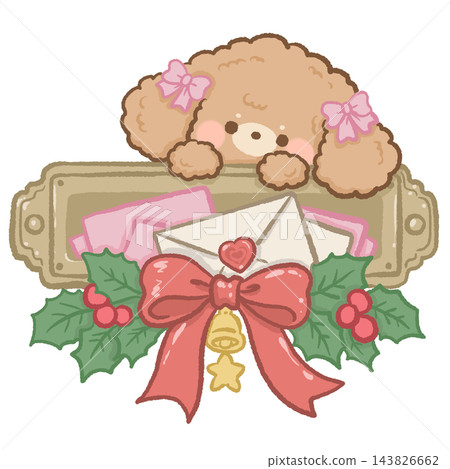 Adorable Apricot Toy Poodle Puppy Peeking Behind a Vintage Brass Letter Tray Filled with Pink Christmas Envelopes Red Ribbon Holly Berries and Golden Bell Cute Holiday Illustration Adorable Apricot Toy Poodle Puppy Peeking Behind a Vintage Brass Letter Tray Filled with Pink Christmas Envelopes Red Ribbon Holly Berries and Golden Bell Cute Holiday Illustration 143826662