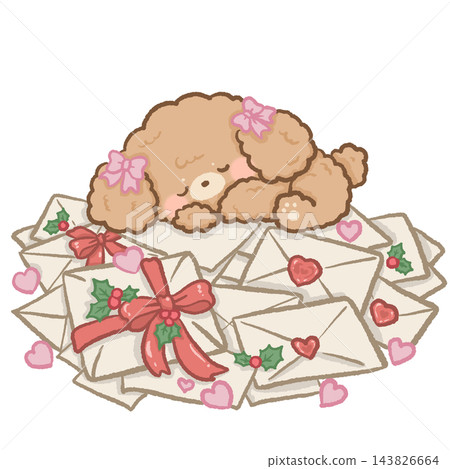 Cute Apricot Toy Poodle Puppy Sleeping on a Pile of Christmas Love Letter Envelopes Decorated with Red Ribbon Heart Wax Seals and Holly Berries Kawaii Holiday Illustration Cute Apricot Toy Poodle Puppy Sleeping on a Pile of Christmas Love Letter Envelopes Decorated with Red Ribbon Heart Wax Seals and Holly Berries Kawaii Holiday Illustration 143826664