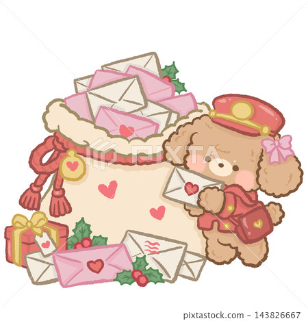 Adorable Apricot Toy Poodle Puppy Dressed as a Christmas Postal Worker Carrying Love Letters Beside a Festive Mail Sack Filled with Pink Envelopes Cute Holiday Illustration 143826667