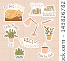 Cozy Home Office Sticker Sheet. Cute Sleeping Red Tabby Cat on Laptop, Houseplants, Bookshelf, Lamp, Mug, Glasses, and Pencil Collection. Vector Illustration. Isolated Flat Daily Planner Elements 143826782