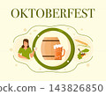Oktoberfest celebration illustration featuring woman holding beer beside wooden barrel, frothy mug, wheat, hops, and pretzel elements in cream decorative background with copy space 143826850