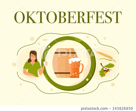 Oktoberfest celebration illustration featuring woman holding beer beside wooden barrel, frothy mug, wheat, hops, and pretzel elements in cream decorative background with copy space Oktoberfest celebration illustration featuring woman holding beer beside wooden barrel, frothy mug, wheat, hops, and pretzel elements in cream decorative background with copy space 143826850
