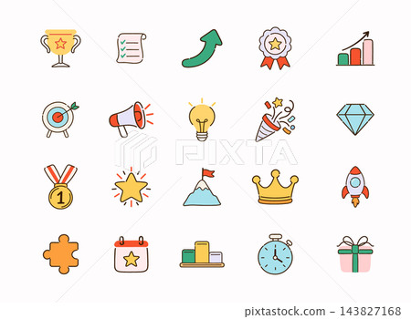 Colorful success and achievement icon set with trophy, medal, target, growth chart, award, light bulb, rocket and goal symbols. Business motivation and career success concept. Colorful success and achievement icon set with trophy, medal, target, growth chart, award, light bulb, rocket and goal symbols. Business motivation and career success concept. 143827168