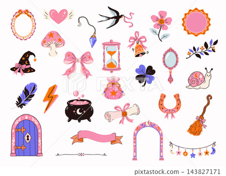 Whimsical magical and witchcraft elements collection with witch hat, cauldron, mushroom, crystal pendant, hourglass, bell, mirror, lucky clover, horseshoe, broom, magical door and celestial Whimsical magical and witchcraft elements collection with witch hat, cauldron, mushroom, crystal pendant, hourglass, bell, mirror, lucky clover, horseshoe, broom, magical door and celestial 143827171