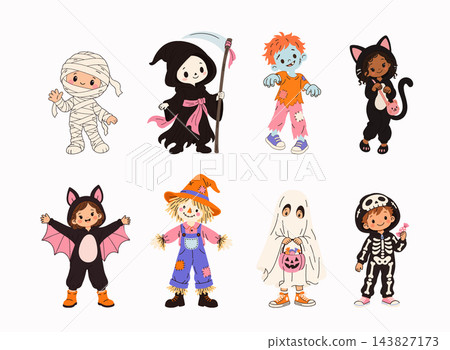 Cute Halloween children costume character set with mummy, grim reaper, zombie, black cat, bat, scarecrow, ghost and skeleton kids. Cute Halloween children costume character set with mummy, grim reaper, zombie, black cat, bat, scarecrow, ghost and skeleton kids. 143827173