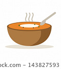Creamy pumpkin soup in a wooden bowl with spoon and steam, autumn comfort food clipart on white 143827593