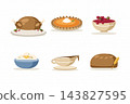 Thanksgiving dinner set with roast turkey, pumpkin pie, cranberry sauce, gravy and bread clipart 143827595