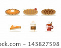 Autumn desserts and drinks set with pumpkin, apple and pecan pies, latte and cider, clipart on white 143827598