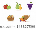 Fruit harvest set with apples, pears, grapes, harvest basket and cornucopia, autumn clipart on white 143827599