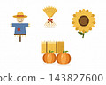 Farm harvest set with scarecrow, hay bale, sunflower, wheat bundle and pumpkins, country clipart 143827600