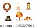 Cozy autumn decor set with leaf wreath, candle, lantern, pilgrim hat, tree and leaf pile clipart 143827601