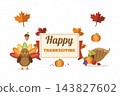Happy Thanksgiving greeting with cute turkey, cornucopia, pumpkins and leaves, holiday clipart 143827602