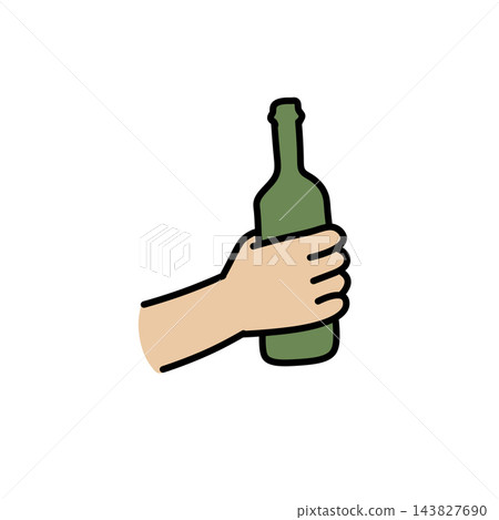 Hand holding bottle beige, filled fist grip green glass vessel, drink container symbol. Beverage party concept, simple tableware salute mark. Gripped flask seal Hand holding bottle beige, filled fist grip green glass vessel, drink container symbol. Beverage party concept, simple tableware salute mark. Gripped flask seal 143827690