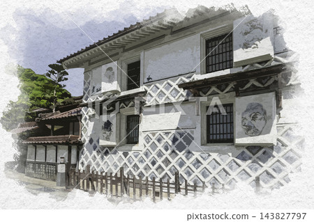岡山縣真庭市勝山町景保護區的水彩畫 岡山縣真庭市勝山町景保護區的水彩畫 143827797