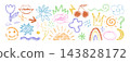 Hand drawn crayon kids doodle shapes, squiggles, freehand summer icons 143828172