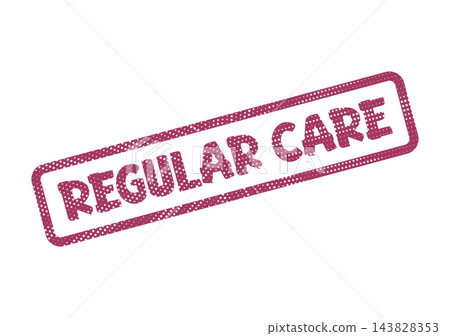A rectangular rubber stamp impression displaying the words Regular Care with a textured halftone effect A rectangular rubber stamp impression displaying the words Regular Care with a textured halftone effect 143828353