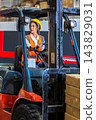Woman worker at forklift driver happy working in industry factory logistic ship. 143829031