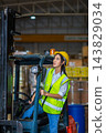 Woman worker at forklift driver happy working in industry factory logistic ship. 143829034