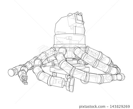 Tentacled robot line drawing. Vector Tentacled robot line drawing. Vector 143829269