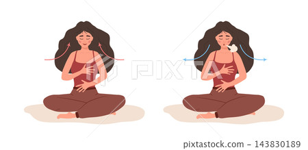 Deep breath. Young girl doing breathing exercise. Healthy yoga practice. Oxygen flow and concentration. Vector illustration in flat style Deep breath. Young girl doing breathing exercise. Healthy yoga practice. Oxygen flow and concentration. Vector illustration in flat style 143830189