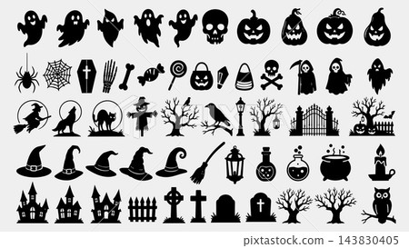 Halloween Silhouette Icon Set with Spooky Characters and Decorations Halloween Silhouette Icon Set with Spooky Characters and Decorations 143830405