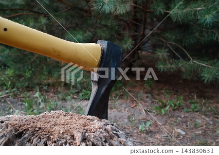 Yellow handled axe embedded in a tree stump outdoors during the day Yellow handled axe embedded in a tree stump outdoors during the day 143830631