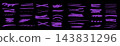 Collection of purple marker strokes and underlines on a black background, including rough brush swashes, zigzags, loops, crosses and curved accents with varied thickness. 143831296